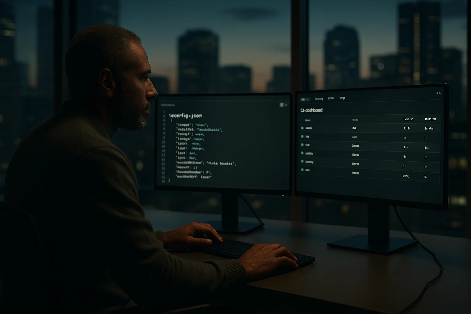 Senior engineer in a São Paulo office examining a tsconfig file and CI dashboard on dual monitors during the evening.