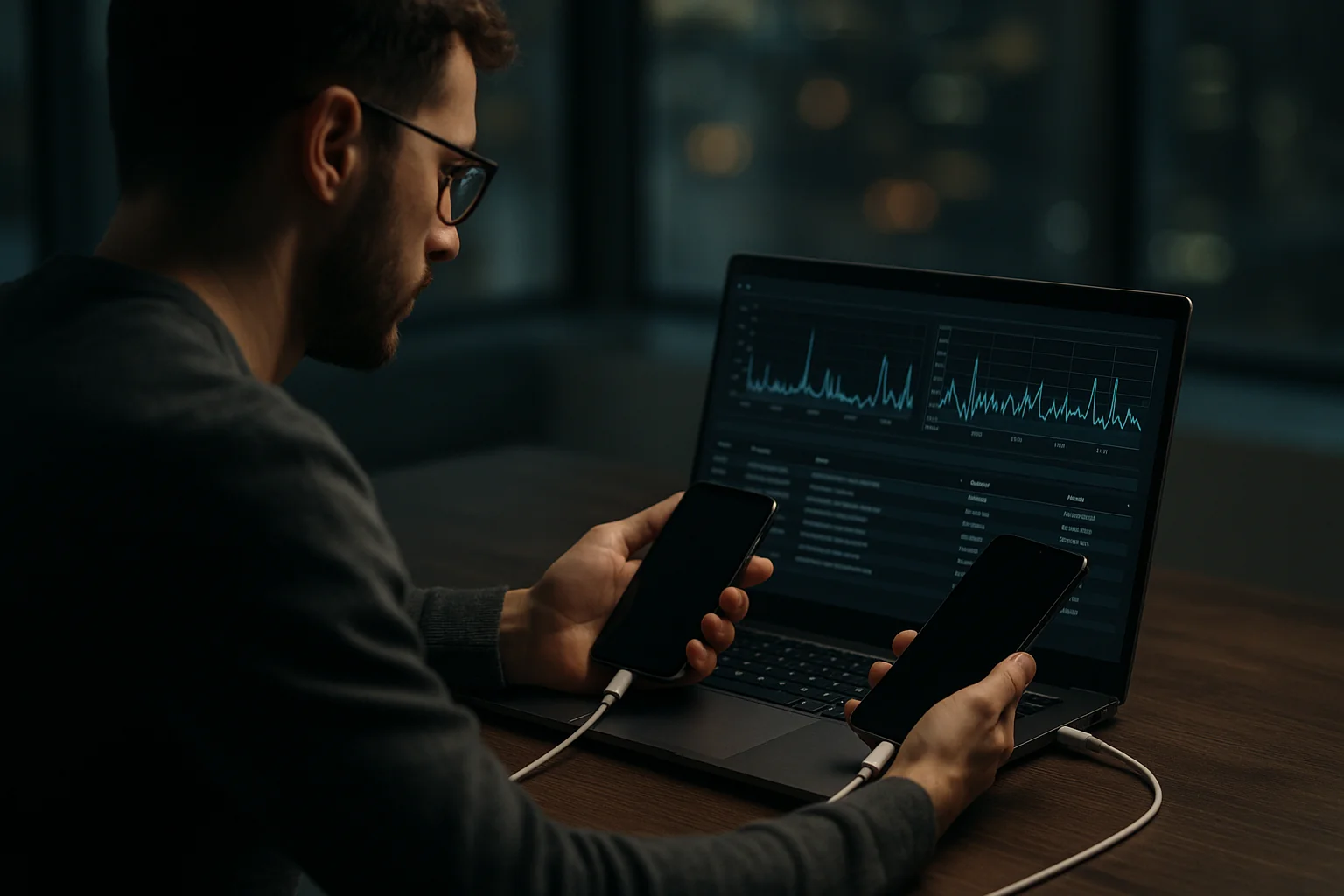 Engineer reviewing network traffic from iPhone and Android test devices on a laptop proxy tool in an office