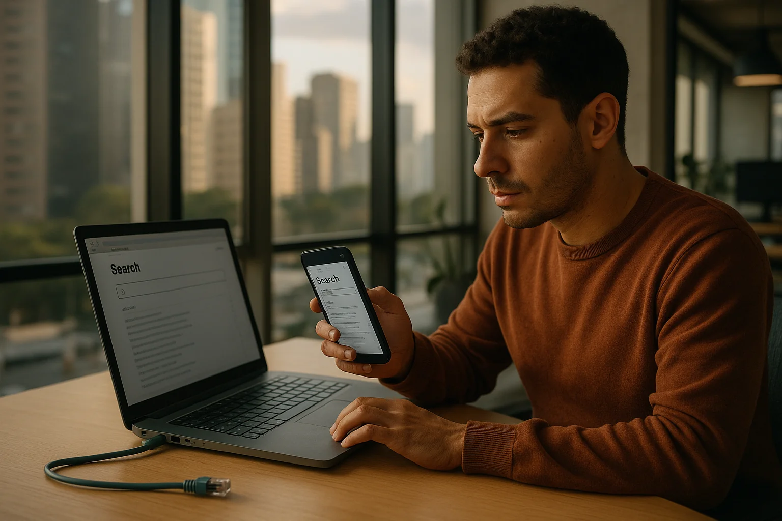 Engineer testing an offline search feature on a laptop and smartphone in a São Paulo office, network cable unplugged.
