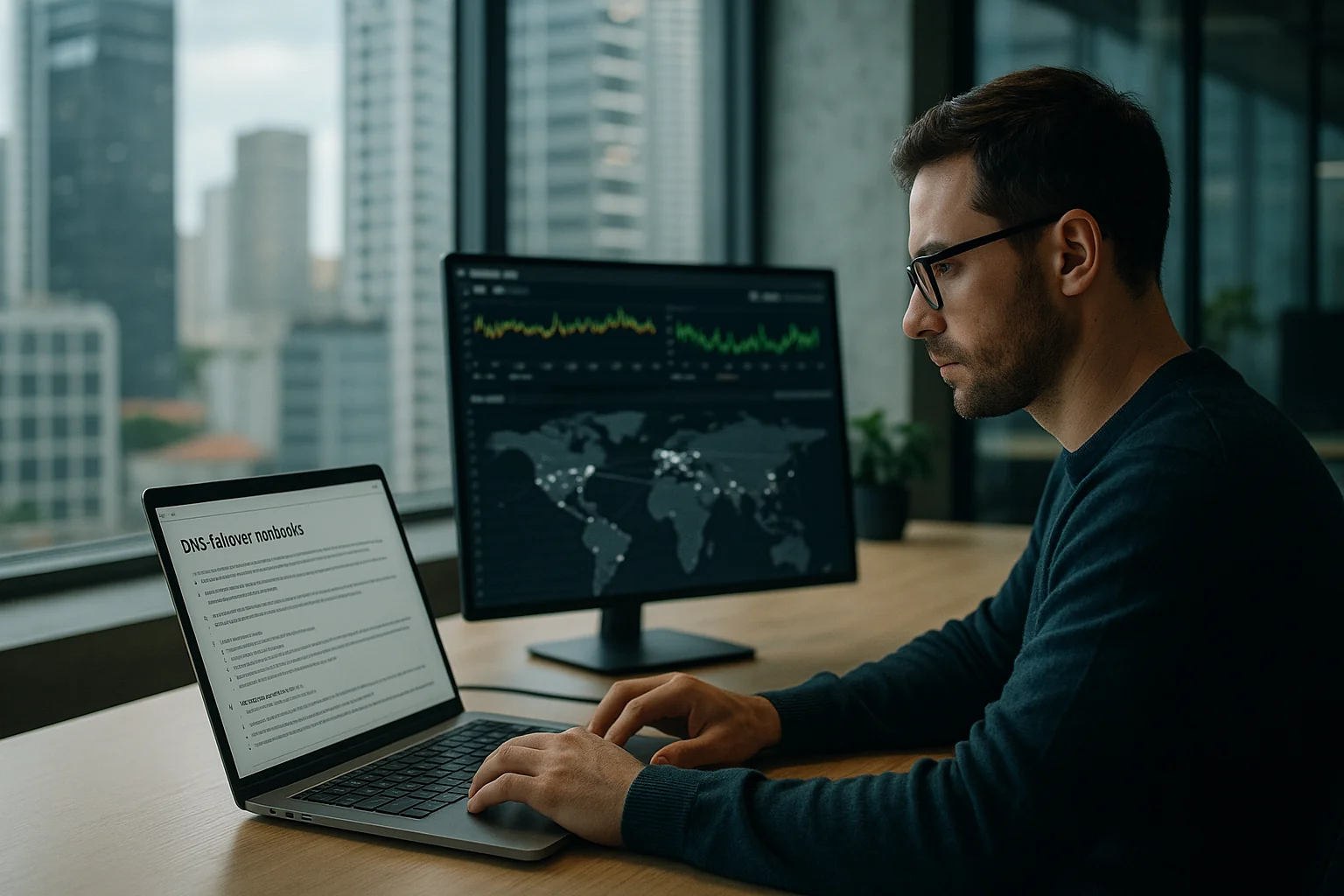 Network engineer in a São Paulo office reviewing DNS failover plans with latency graphs visible on a secondary monitor.