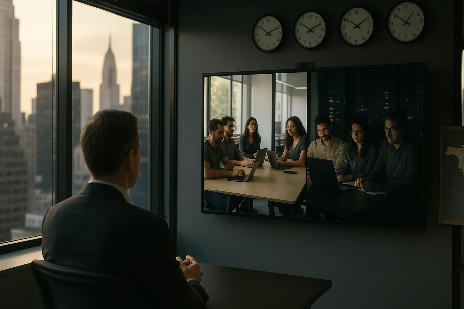 A US technology executive in a glass-walled New York office on a video call displayed on a large screen, with one team in a daylight Mexico City workspace and another in a nighttime Bengaluru office; three analog clocks show different times, and a world‑p