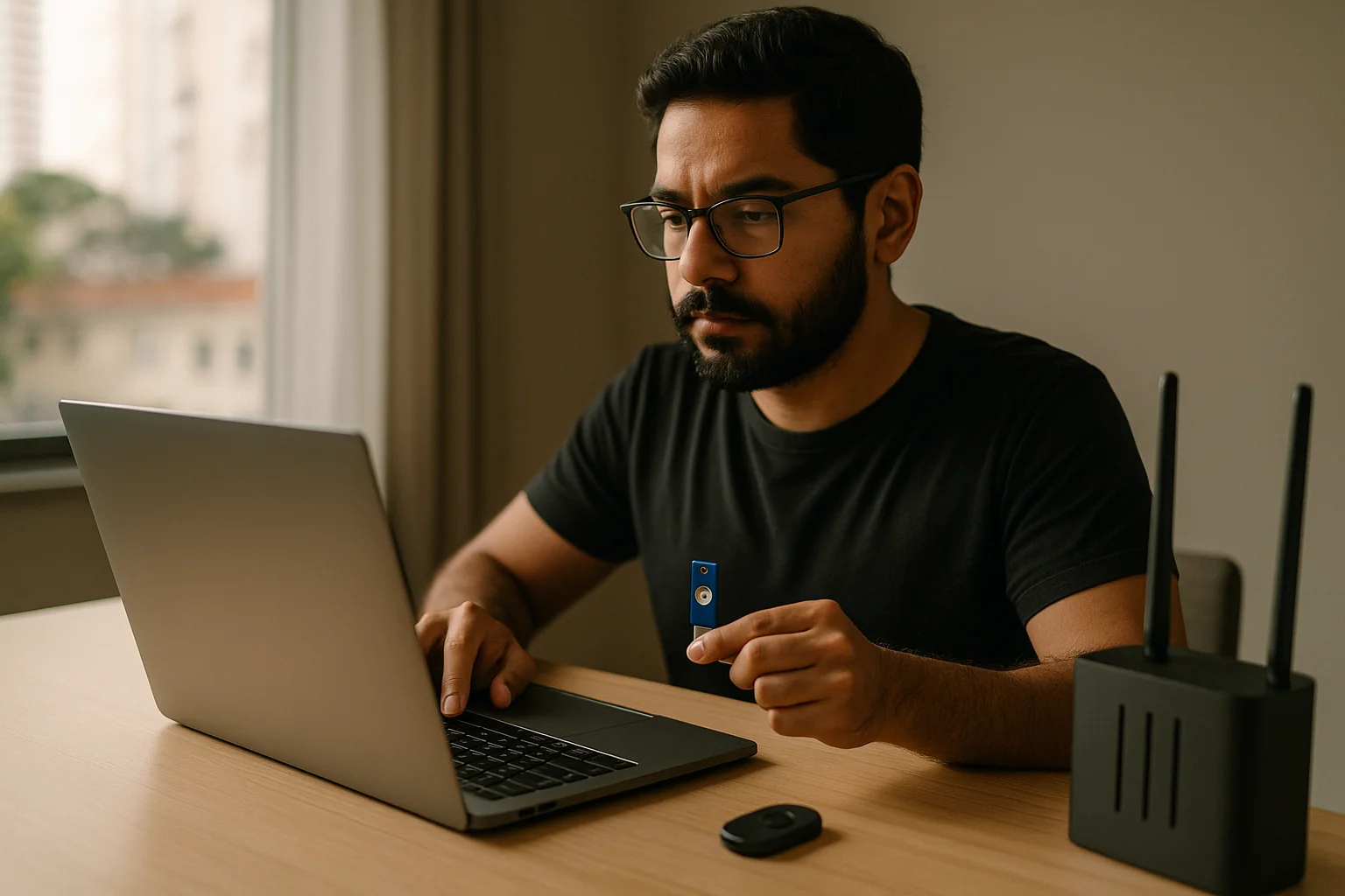 Engineer in São Paulo using a USB security key to log into a company laptop at a home office with a router visible.