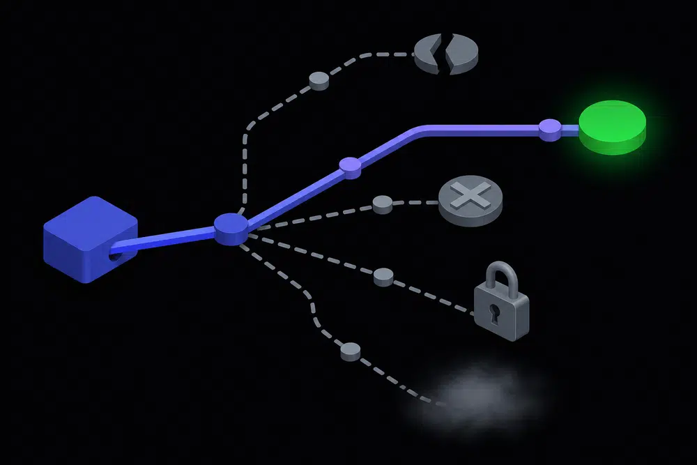 Flat isometric dark illustration of one data pipeline splitting into five branches: four dimmed grey paths showing failure, blockage, lockout and uncertainty, and one clean indigo path ending in a single glowing green success node.