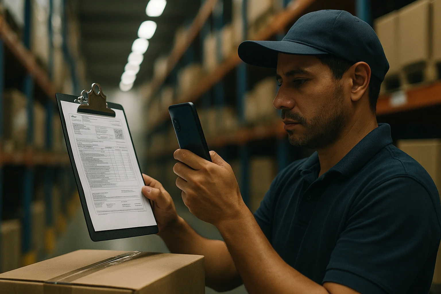 A driver in a warehouse uses an Android phone to capture a Brazilian NF-e invoice on a clipboard for OCR processing.
