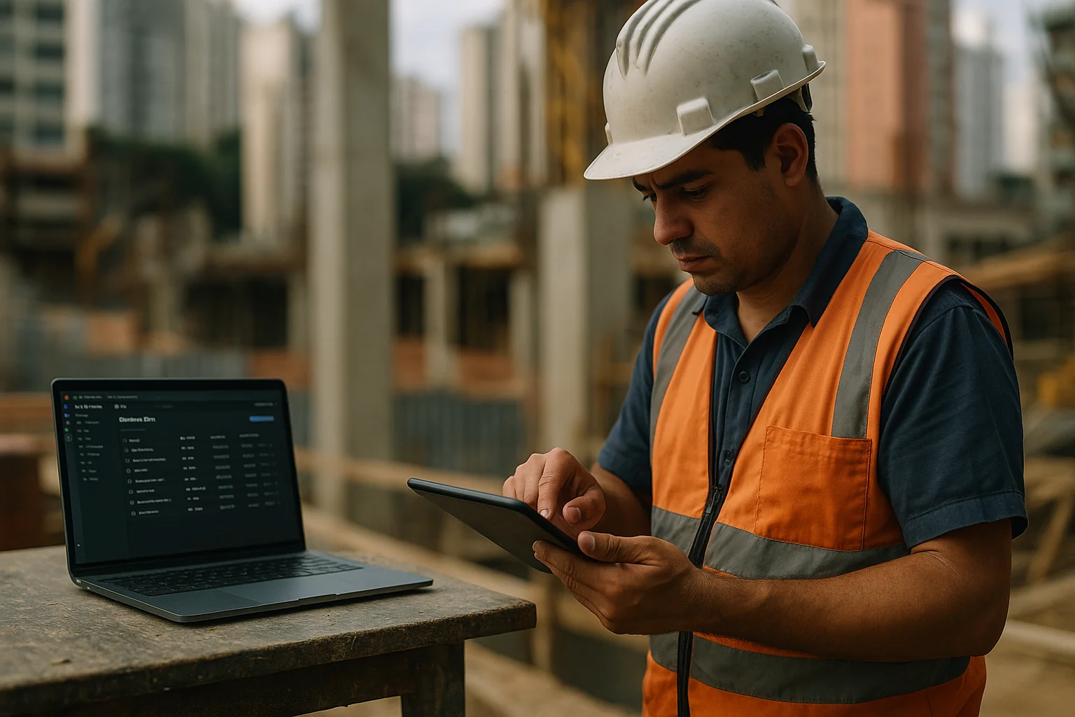 Field technician using a tablet at a São Paulo construction site while a nearby laptop displays database sync metrics.
