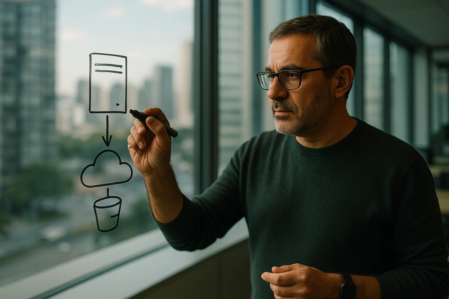 Senior engineer drawing an architecture with a single service backed by cloud object storage on a glass wall in a modern office.