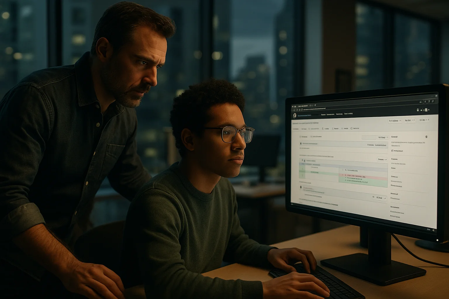 Engineering lead and developer in São Paulo reviewing a small Git diff on a large monitor with an open-source project page visible in the background.