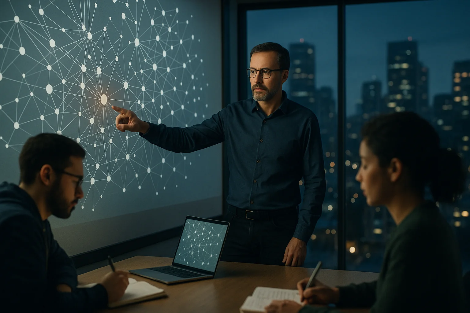 CTO reviewing a projected dependency graph with engineers in a São Paulo office at dusk.