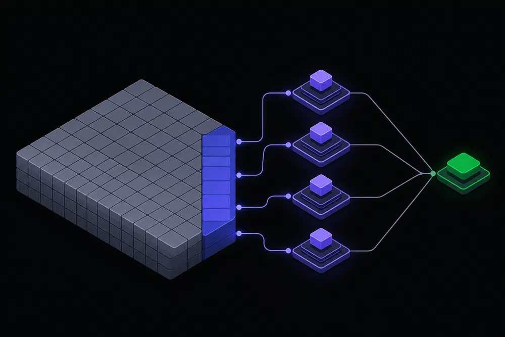 Flat isometric dark illustration of a database table split into a wide grey scan zone and a narrow indigo index zone feeding four worker nodes, ending at one green node.