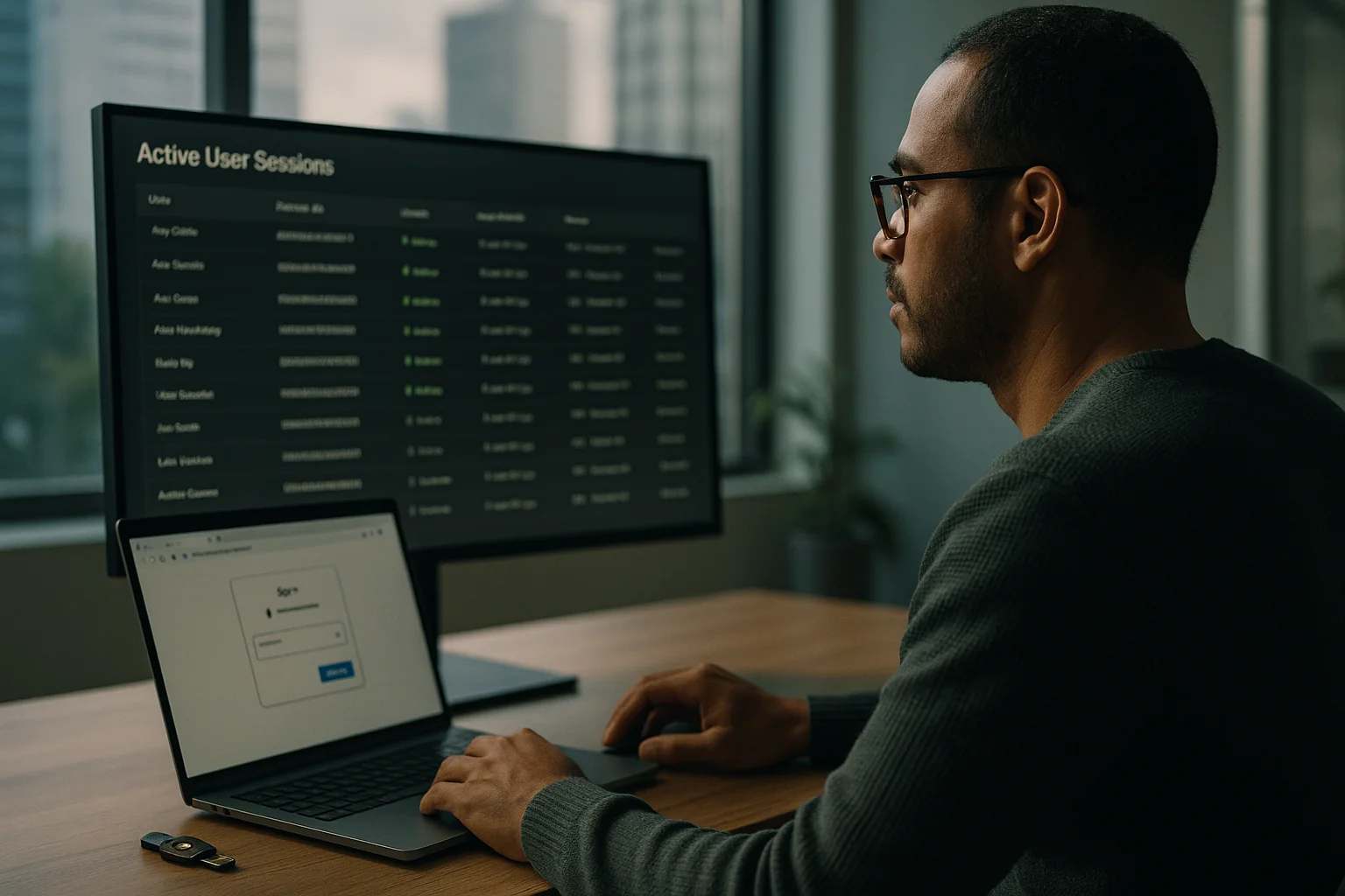 Security engineer in a São Paulo office analyzing session security metrics on a large monitor with a Chrome browser window visible and a hardware security key on the desk.