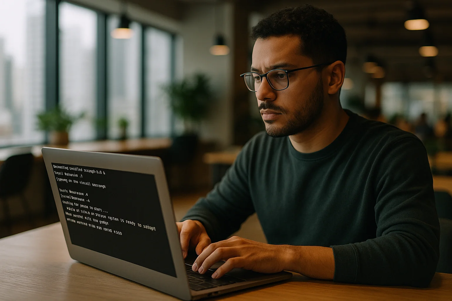 Developer in a São Paulo coworking space launching a local Postgres server from a terminal on a MacBook after a pip install.