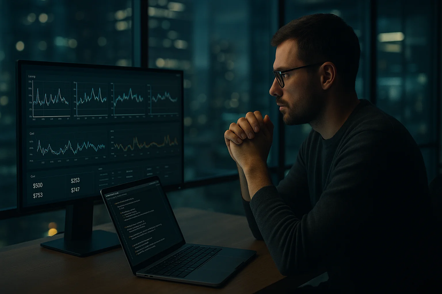 Platform engineer examining latency and cost dashboards on a monitor with routing rule code open on a laptop in a glass-walled office.