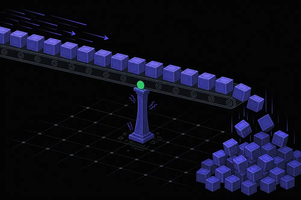 Flat isometric illustration of a small indigo pillar holding up a heavy conveyor of identical crates that keep arriving faster than they can be cleared, with a single green node marking the one point still holding, on a near-black background.