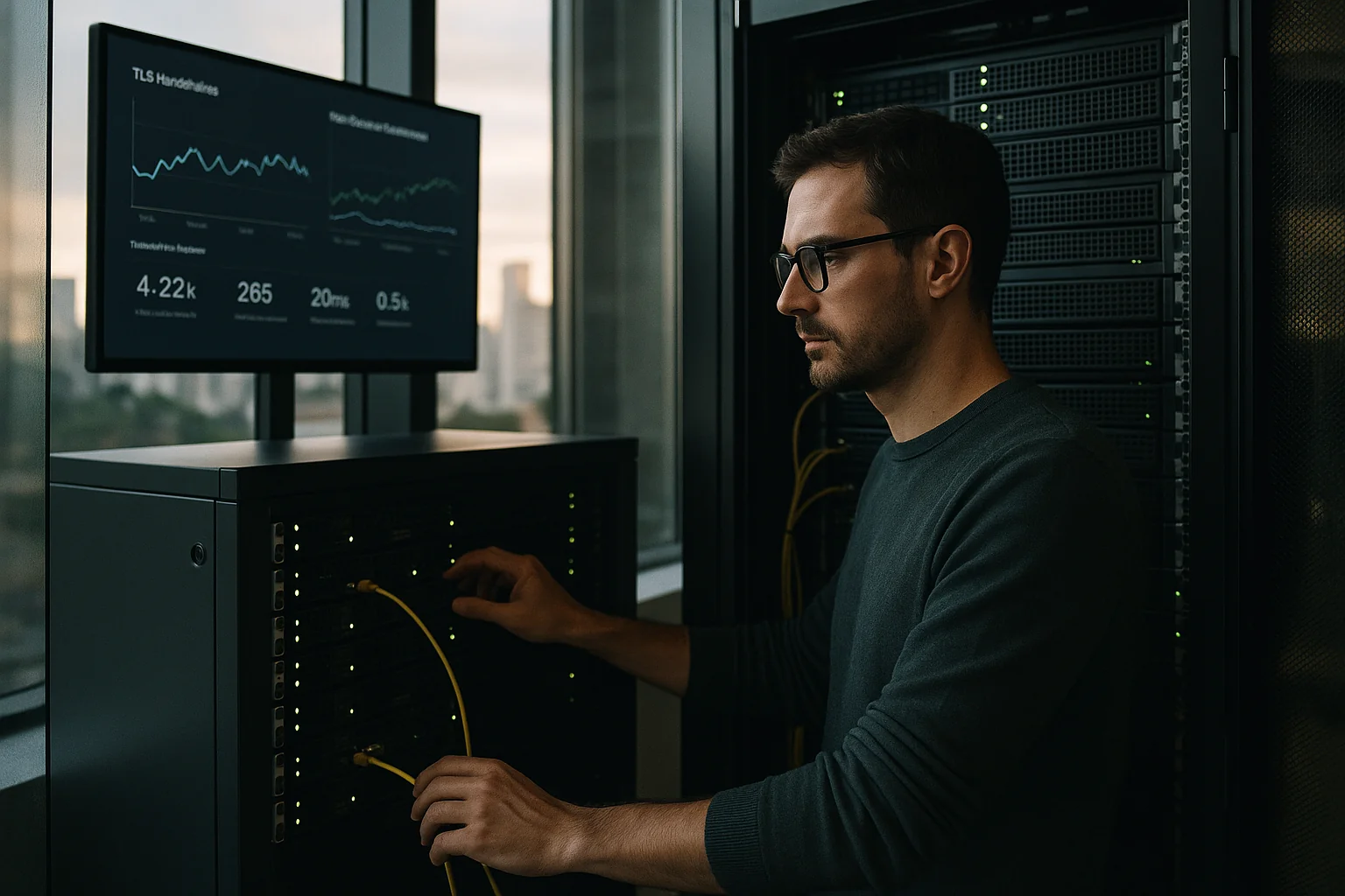 Engineer in a São Paulo office updating server settings and checking TLS handshake metrics on large monitors.