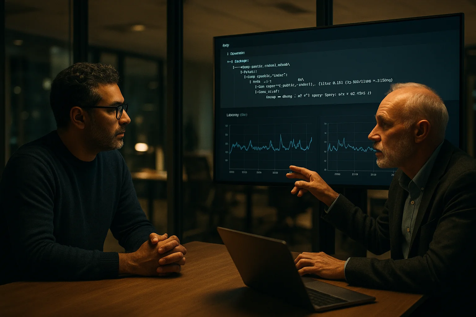 CTO and database engineer reviewing a Postgres query plan and latency charts on a large monitor in a modern office