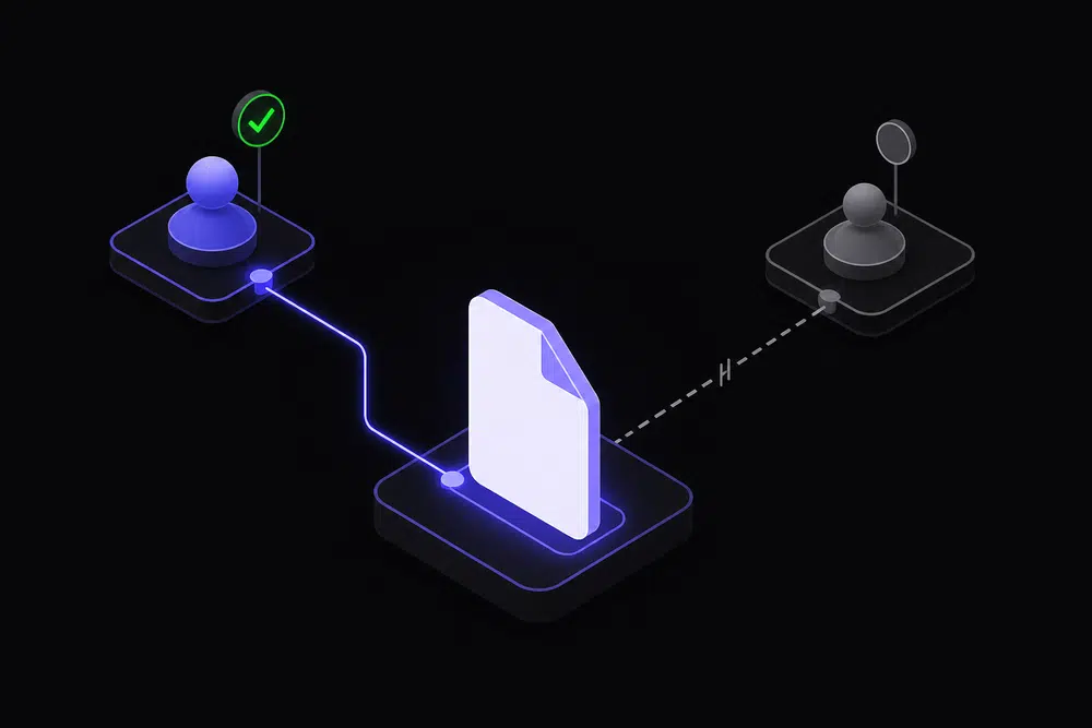 Flat isometric dark scene of a glowing rules document linked by a bright indigo line to a reviewer node with a green validation marker, while a second gray reviewer node floats disconnected behind a broken dashed line.