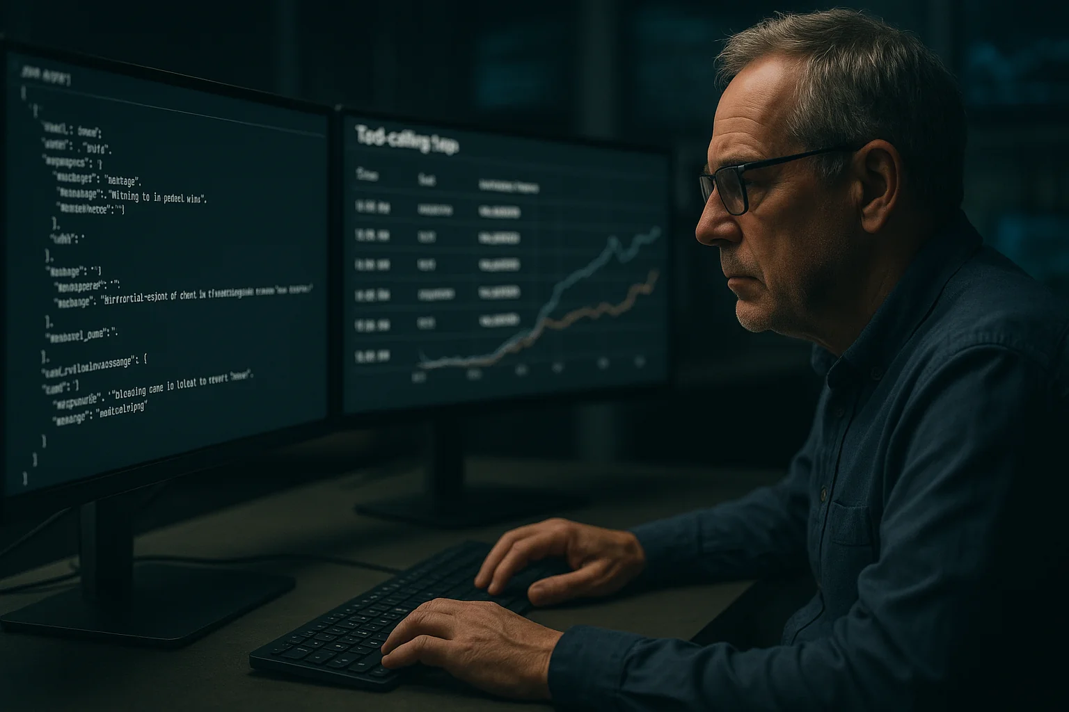 Senior engineer analyzing LLM tool-calling logs with JSON validation on dual monitors in a dim operations room