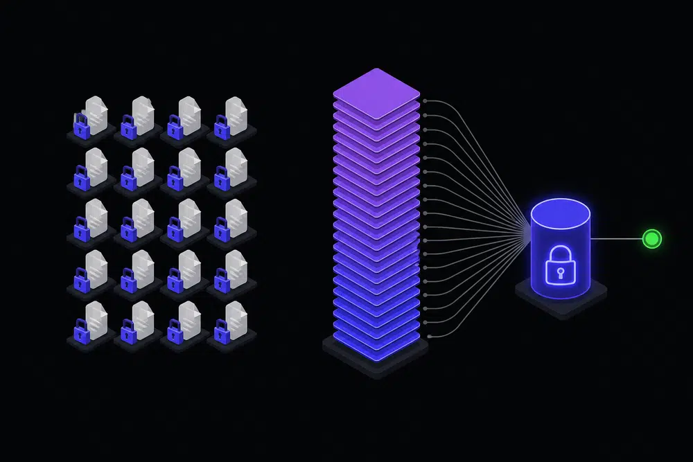 Isometric diagram comparing many individually locked ref files to a single sorted table stack where many grey lines queue for one shared lock, with one green node marking the only successful write.