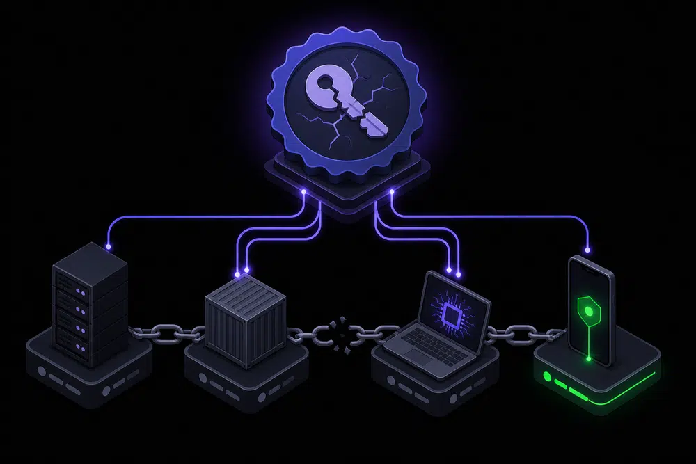 Isometric diagram of a cracked certificate seal with a broken key, linked by a chain to separate device nodes, with indigo patch paths rerouting to each device and one green success node at the end.