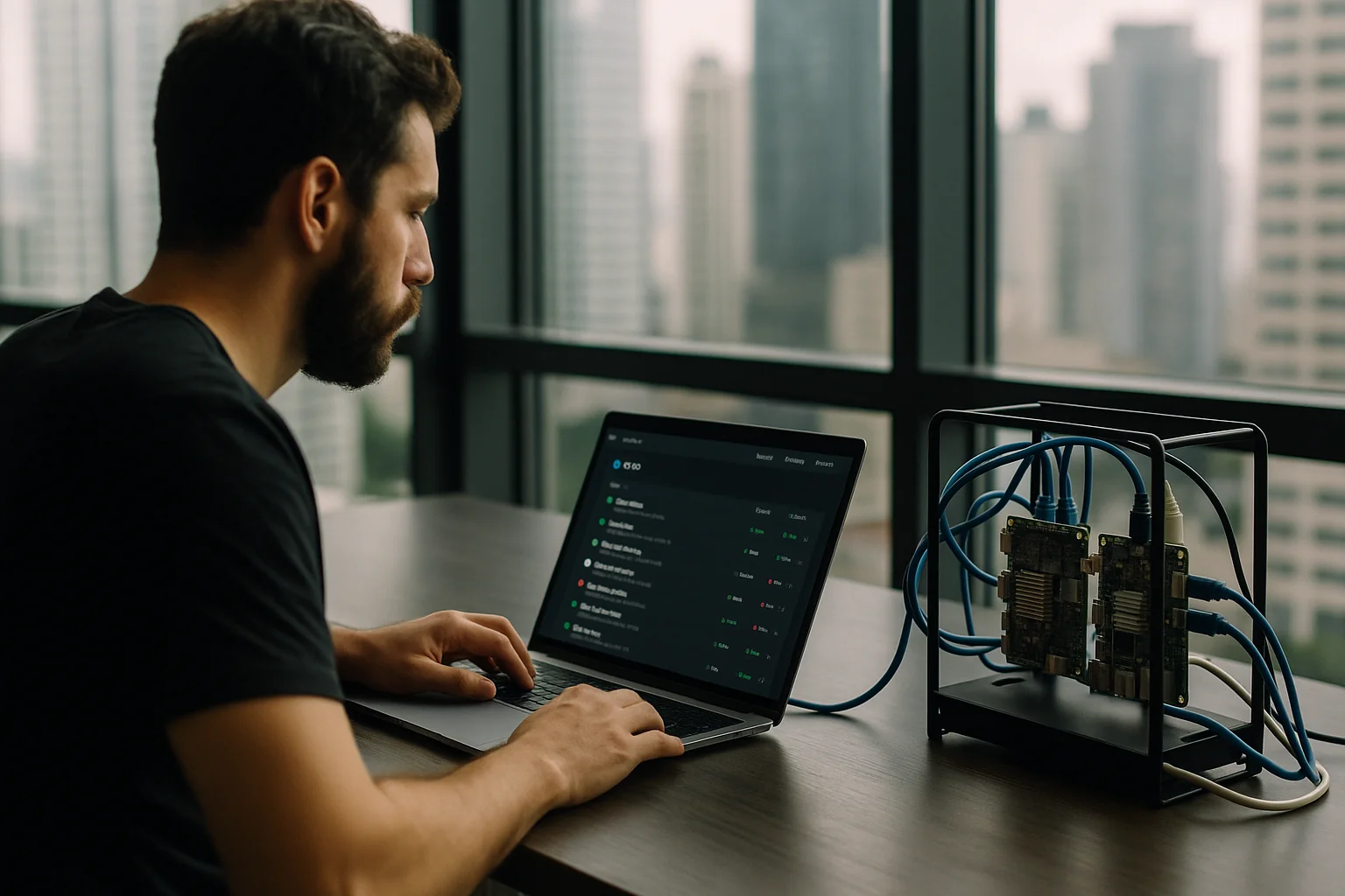 DevOps engineer in a São Paulo office reviewing a CI dashboard while a small rack with RISC-V boards runs nearby.