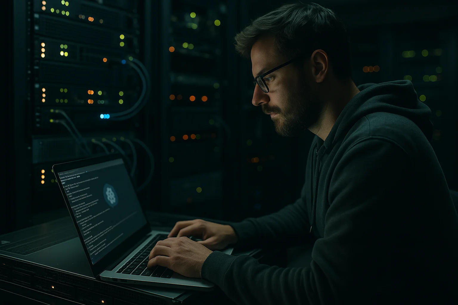 An SRE in an operations room working on a laptop in front of illuminated server racks, applying urgent kernel patches.