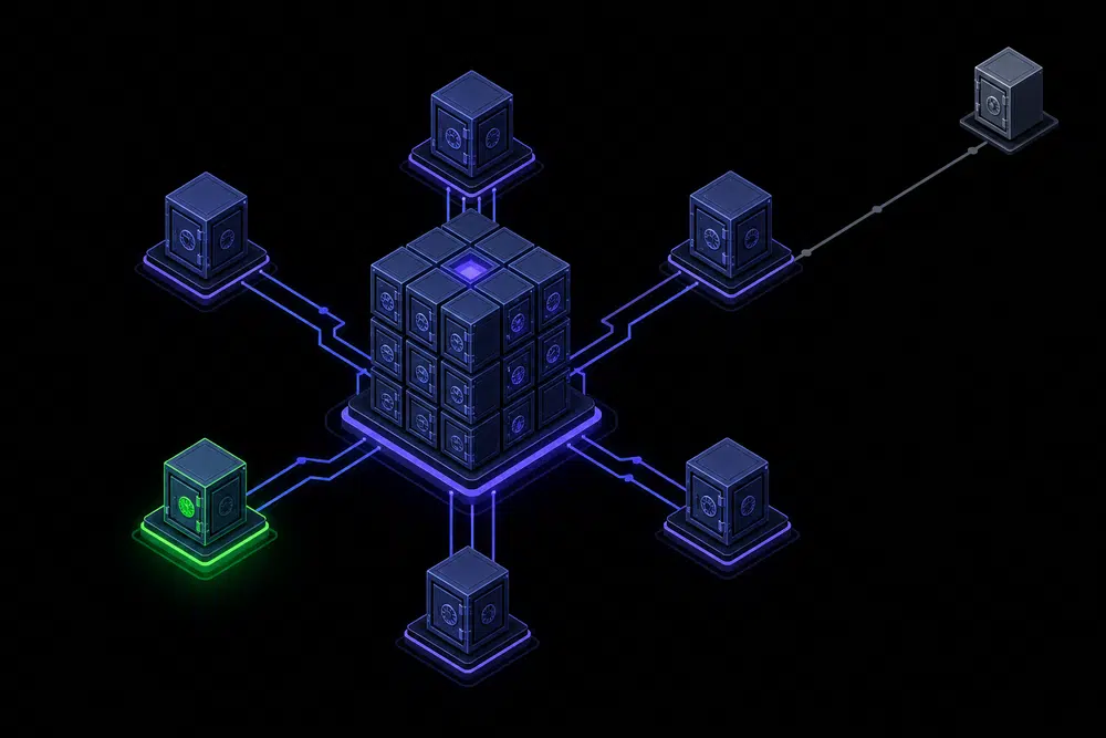 Isometric dark diagram of a central secrets vault connected by thin indigo lines to satellite service nodes, with one green node showing a completed key rotation and one distant grey-tethered node lying outside the network.