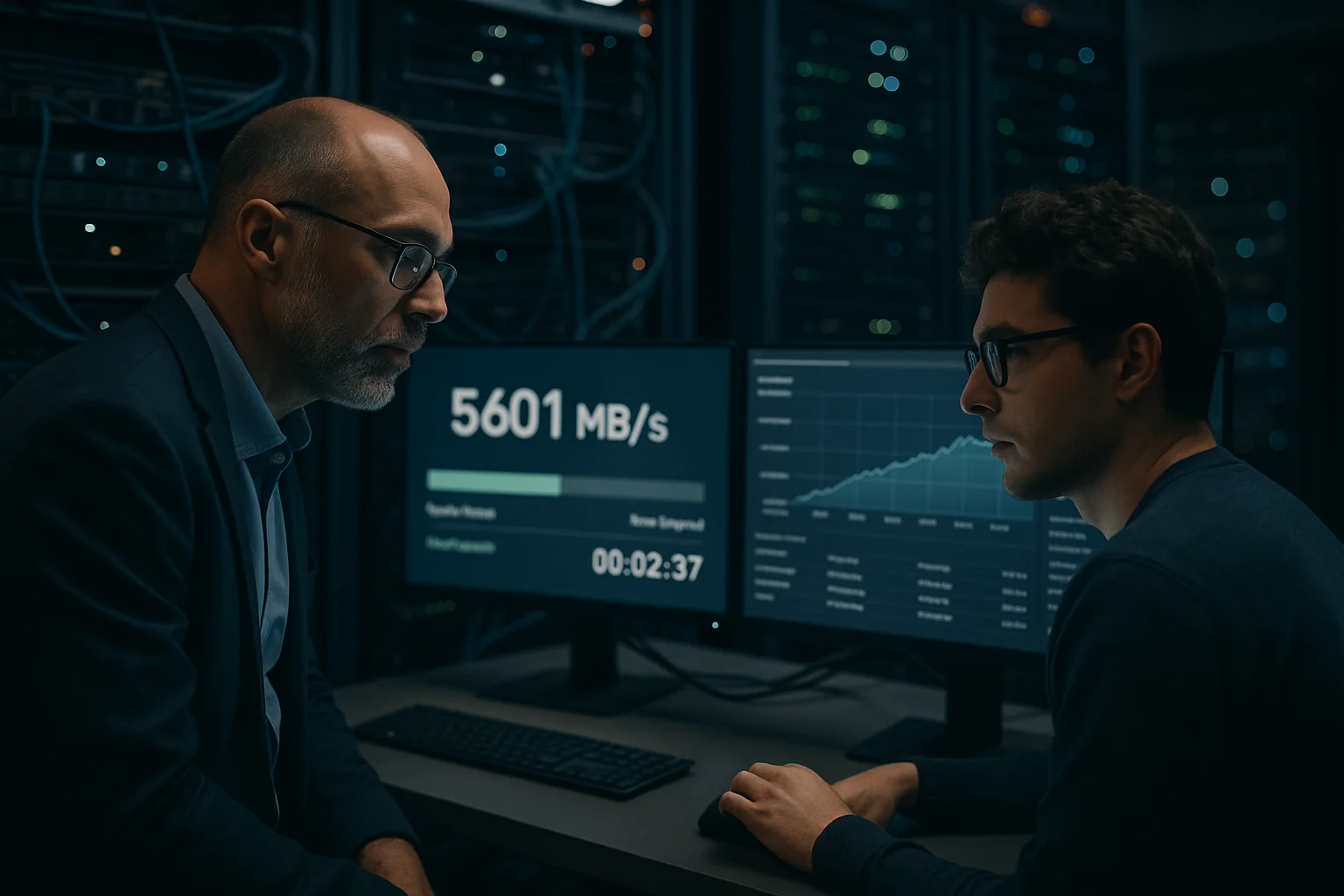 CTO and engineer monitoring high-speed data transfer dashboards in a modern server room with racks and network cables.
