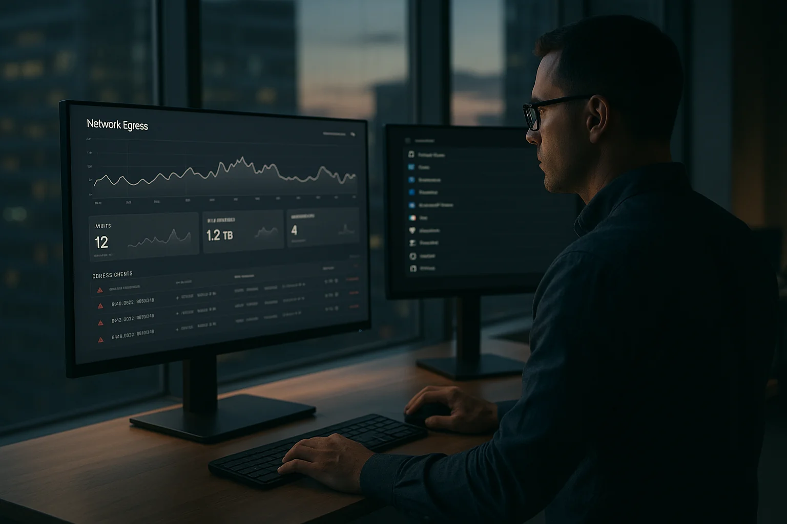 Security lead reviewing a network egress dashboard and connected SaaS apps on dual monitors in a modern office at dusk