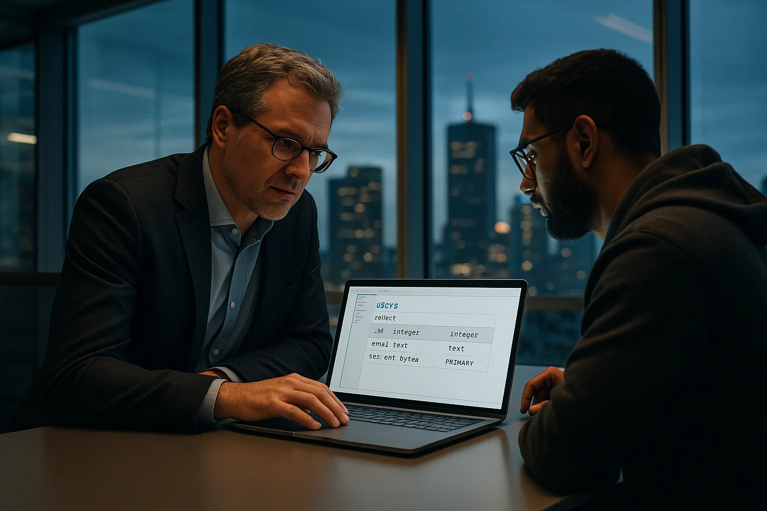 CTO and security engineer reviewing an encrypted Postgres schema on a laptop in a São Paulo office conference room.