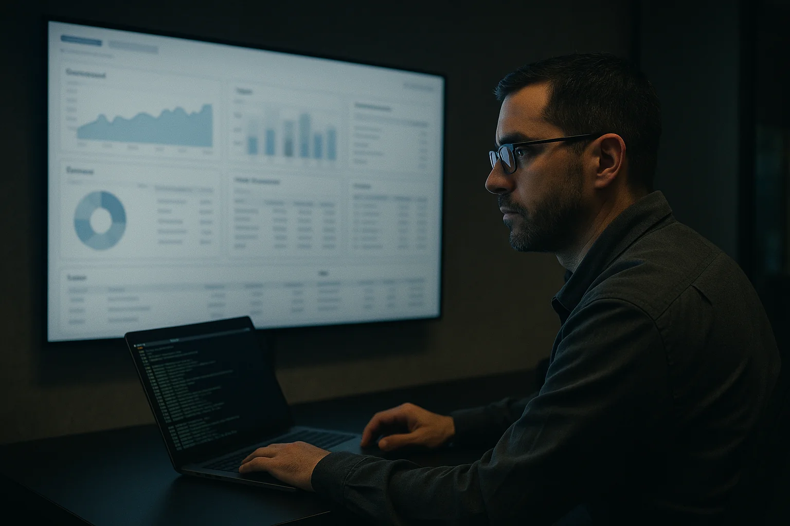 Security lead in a São Paulo operations room reviewing a BI dashboard on a large screen while monitoring logs on a laptop.