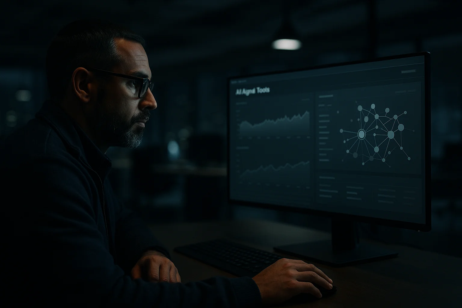 Engineering leader at night reviewing an AI tools security dashboard with graphs and network maps on a widescreen monitor.