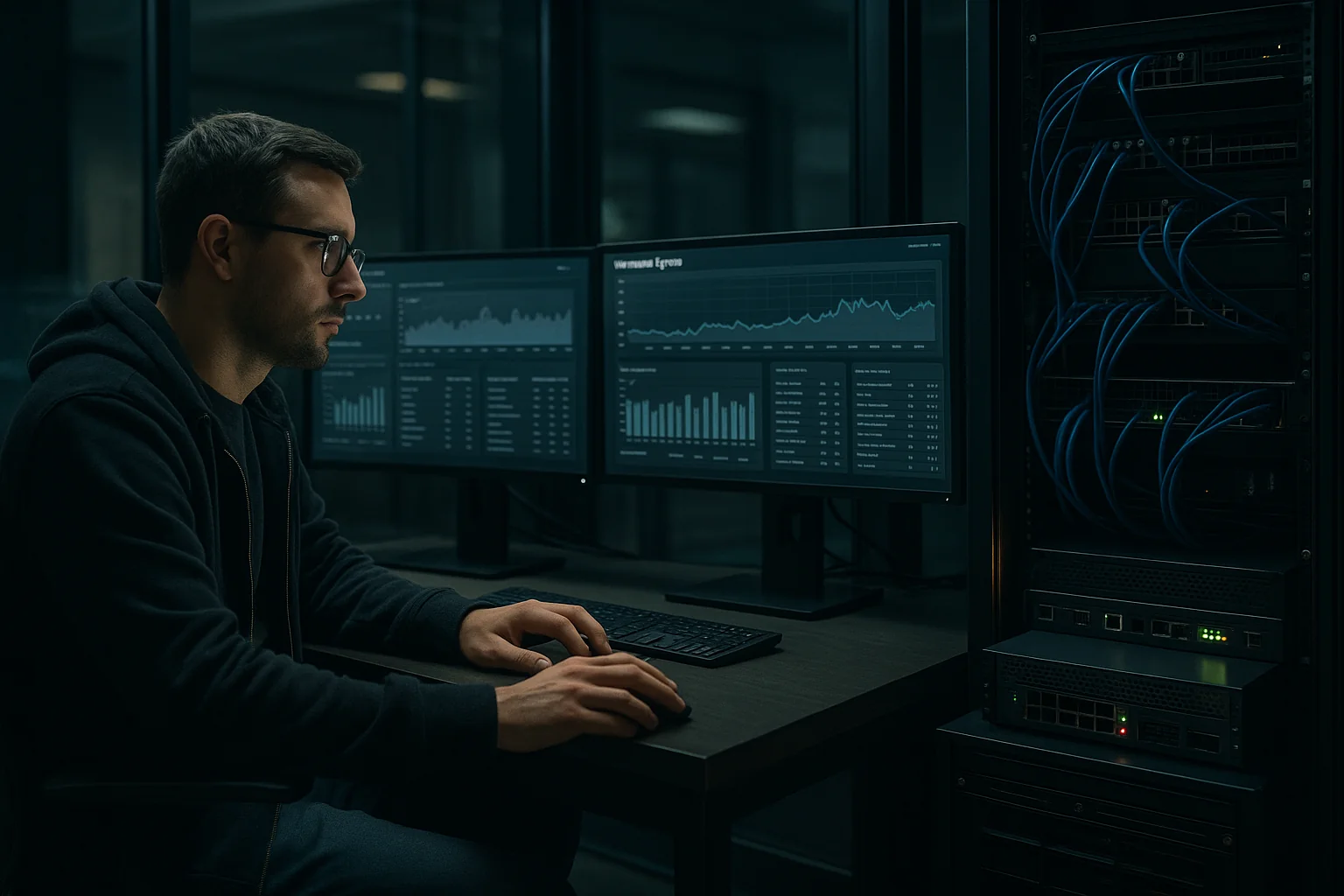 Security engineer analyzing network egress logs beside an isolated server rack in a glass-walled lab.