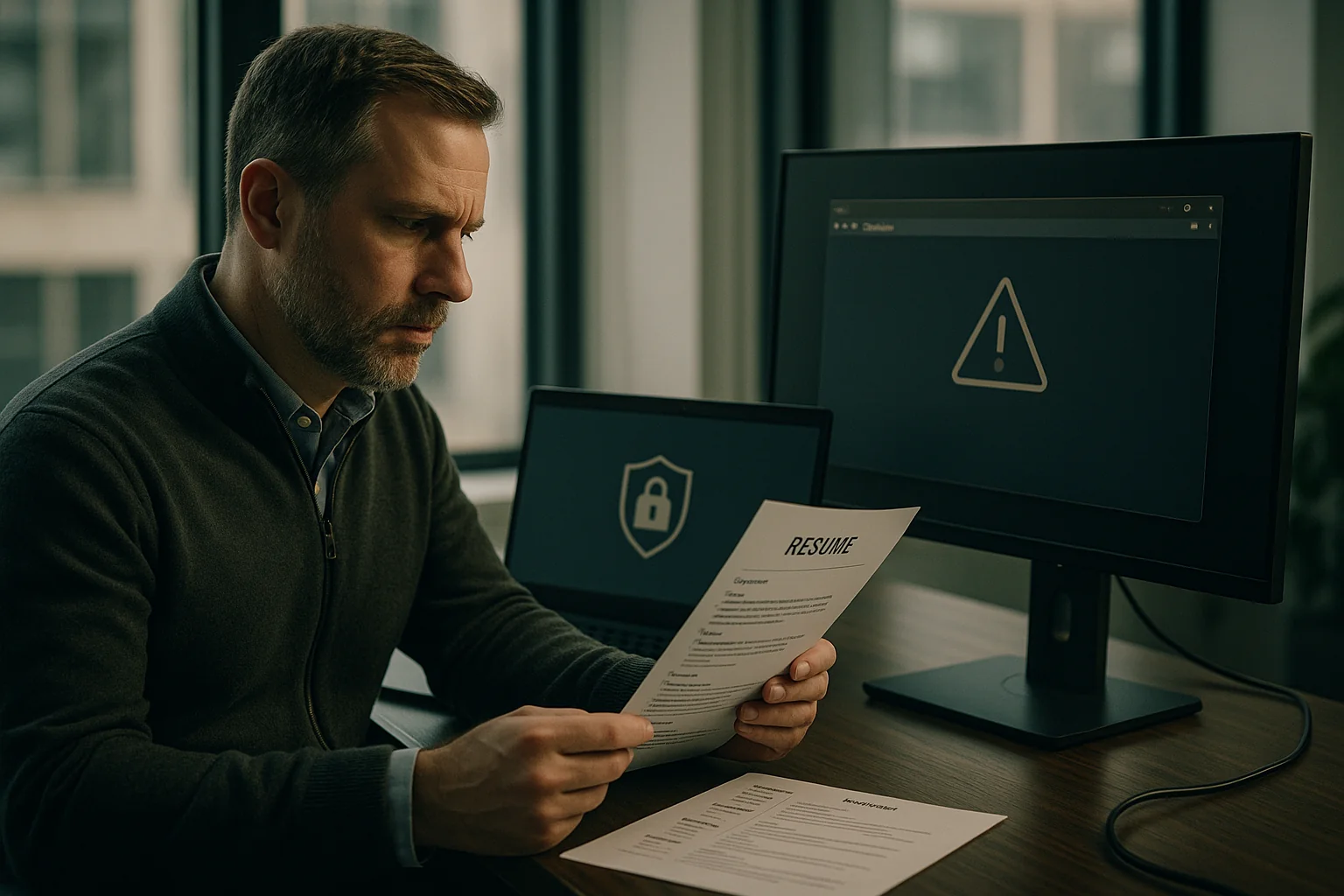 Hiring manager reviewing a resume on a laptop with a sandboxed browser on a second monitor, indicating secure content isolation.