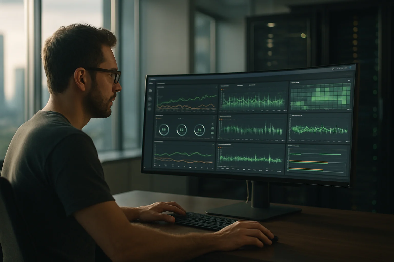 DevOps engineer in a São Paulo office viewing observability dashboards on an ultrawide monitor with server racks behind them.