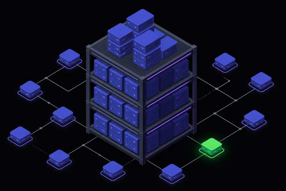 Flat isometric dark illustration of a three-tier server rack holding glowing indigo compute blocks, connected by thin network lines, with one green node marking the only fully utilized instance.