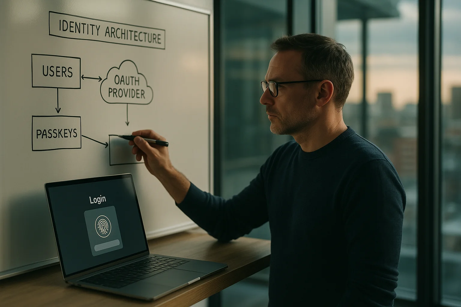 CTO examining an OAuth and passkey architecture sketched on a whiteboard next to a laptop login screen.
