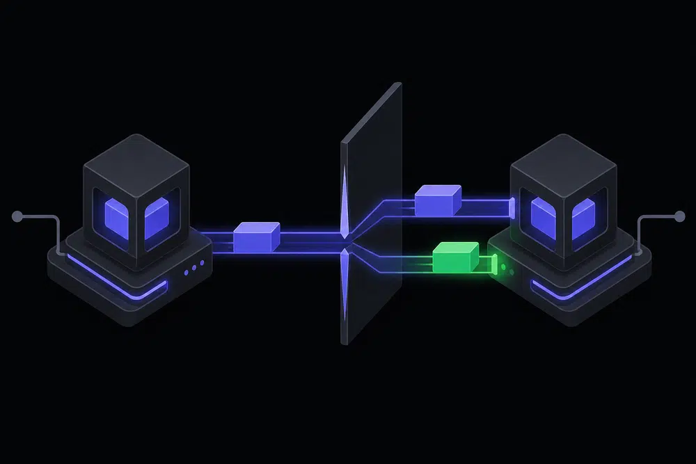 Flat isometric illustration of a message traveling between two process nodes on a dark background, splitting into two messages at a narrow gap in an indigo channel, with one message glowing green.