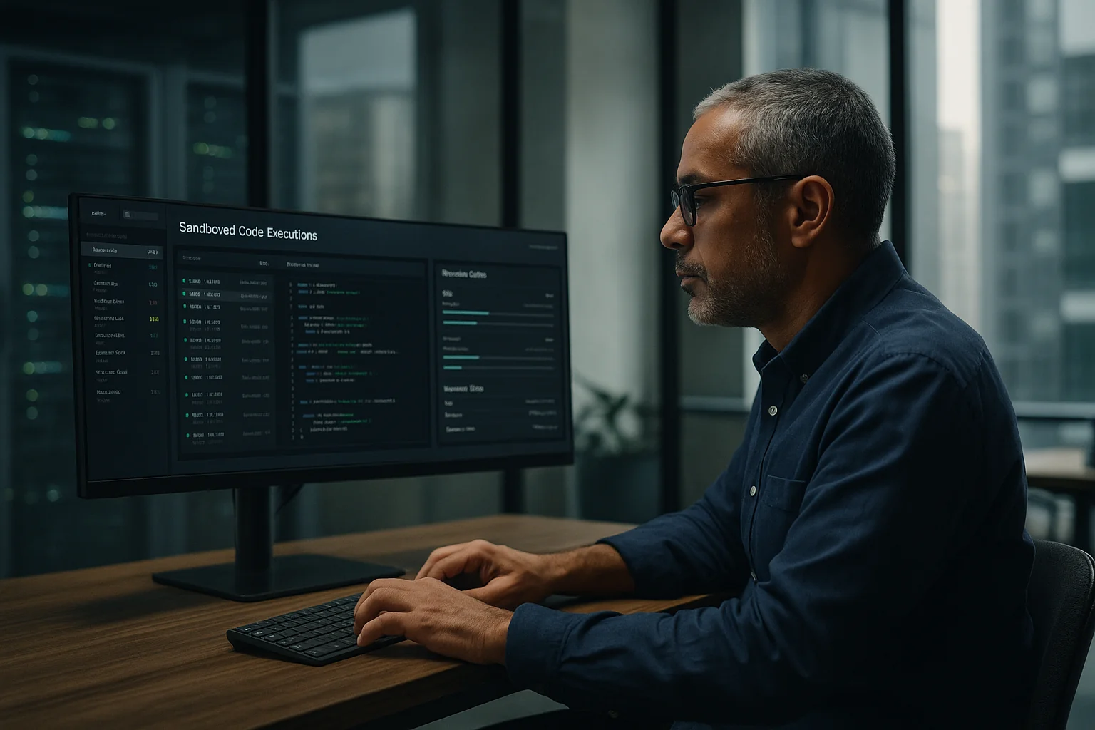 Platform engineer examining a dashboard of sandboxed code executions and resource usage on a large monitor in a modern São Paulo office.