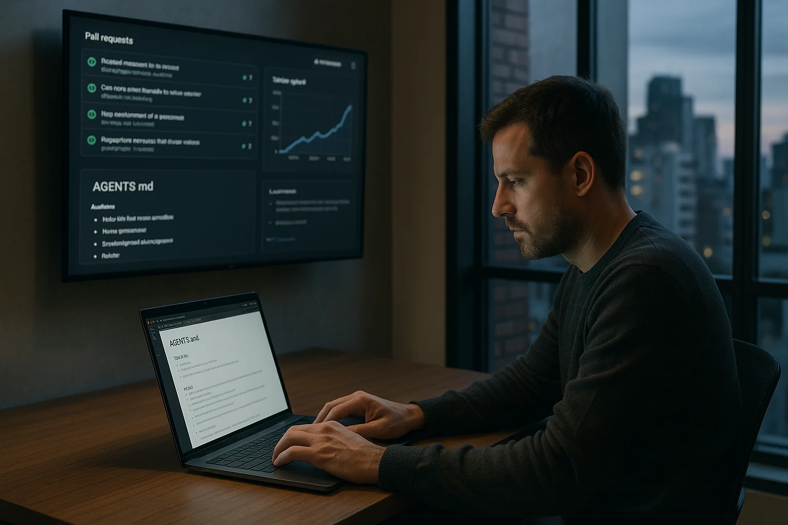 Tech lead drafting an AGENTS.md policy on a laptop with a PR and token spend dashboard on a nearby monitor in a São Paulo office.