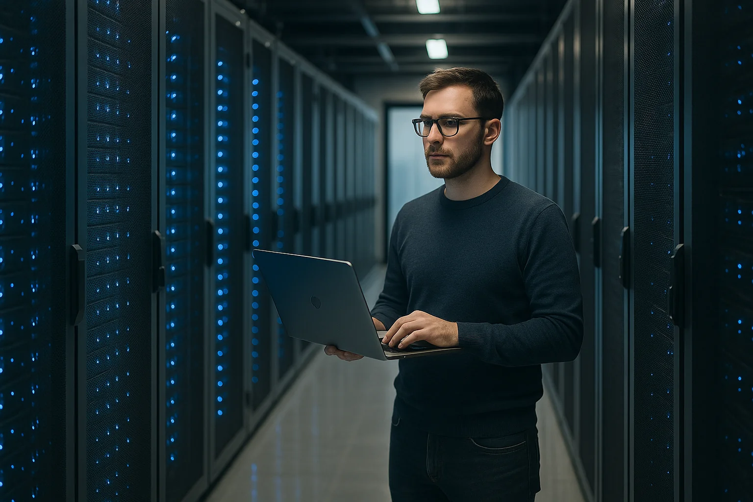 Engineer in a European data center aisle monitoring multi-region servers on a laptop
