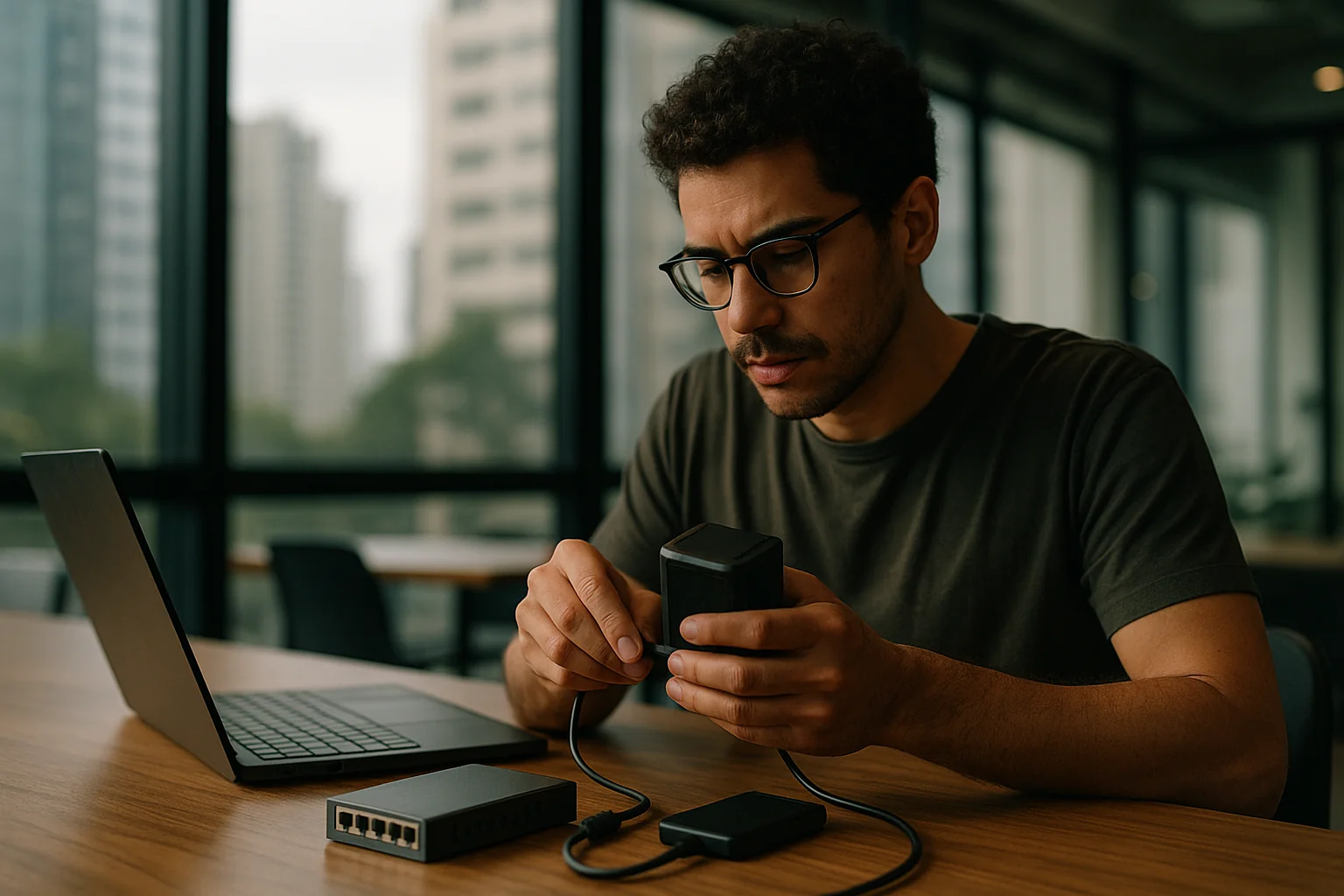 Engineer in a São Paulo co-working space setting up a small edge server with a portable SSD and network switch on a desk.