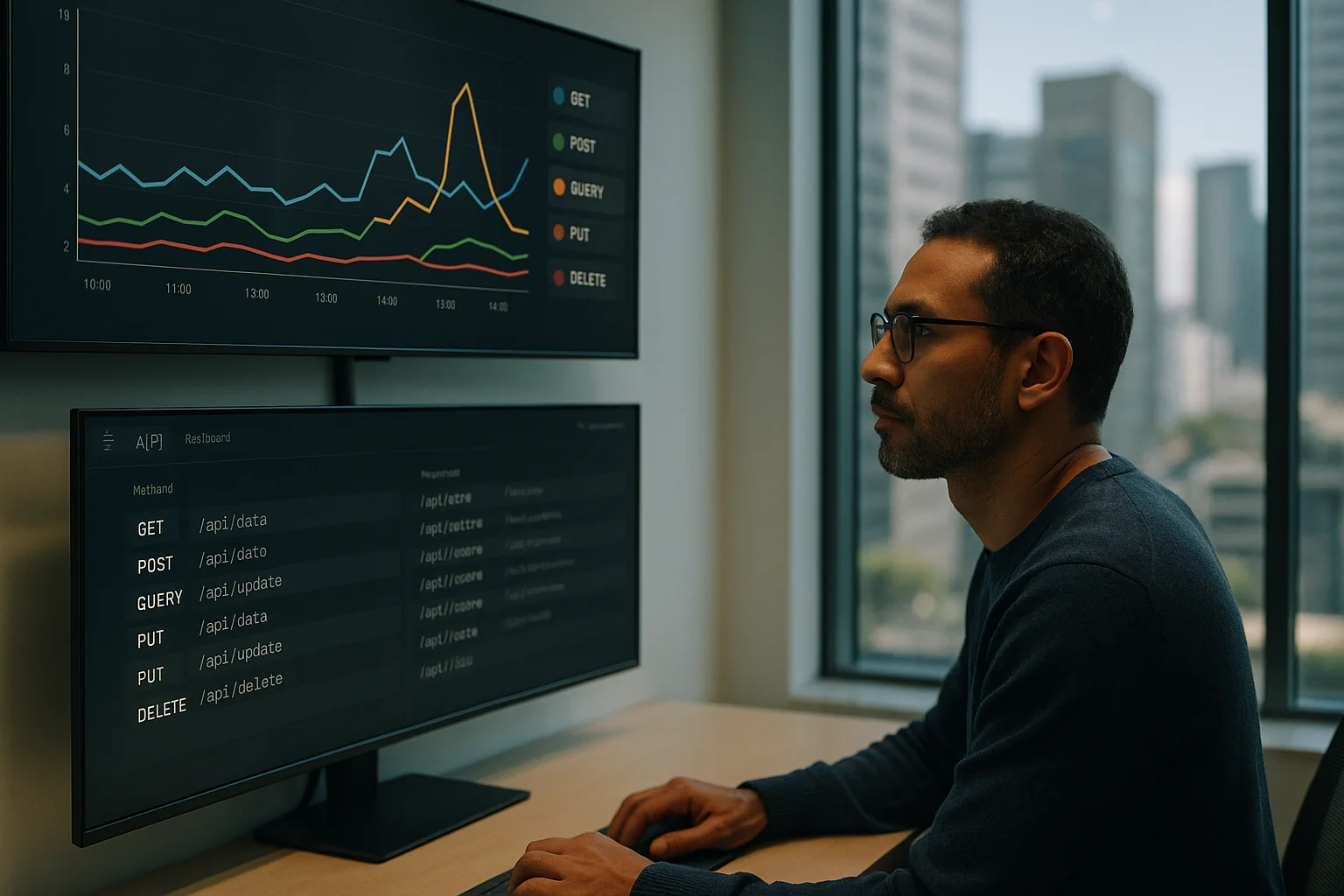 Engineer in a São Paulo office examining dashboards showing a rise in HTTP QUERY method traffic on large monitors.