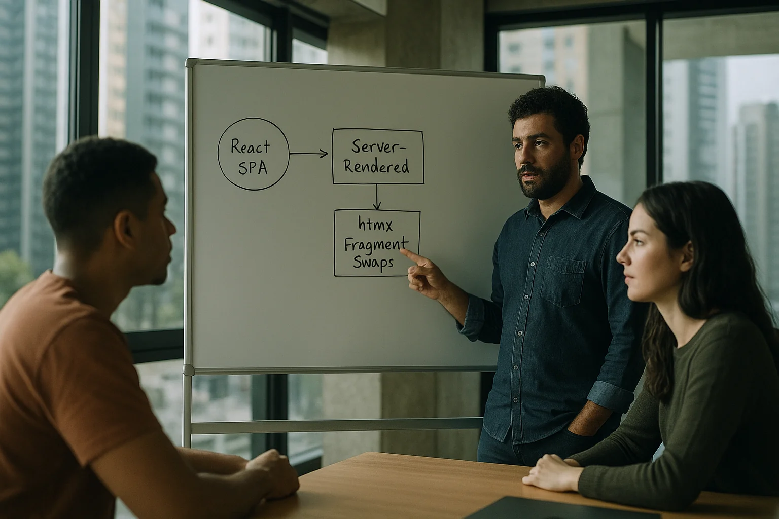 Engineers in a São Paulo office discussing a whiteboard plan to replace a React SPA with a server-rendered architecture using htmx.