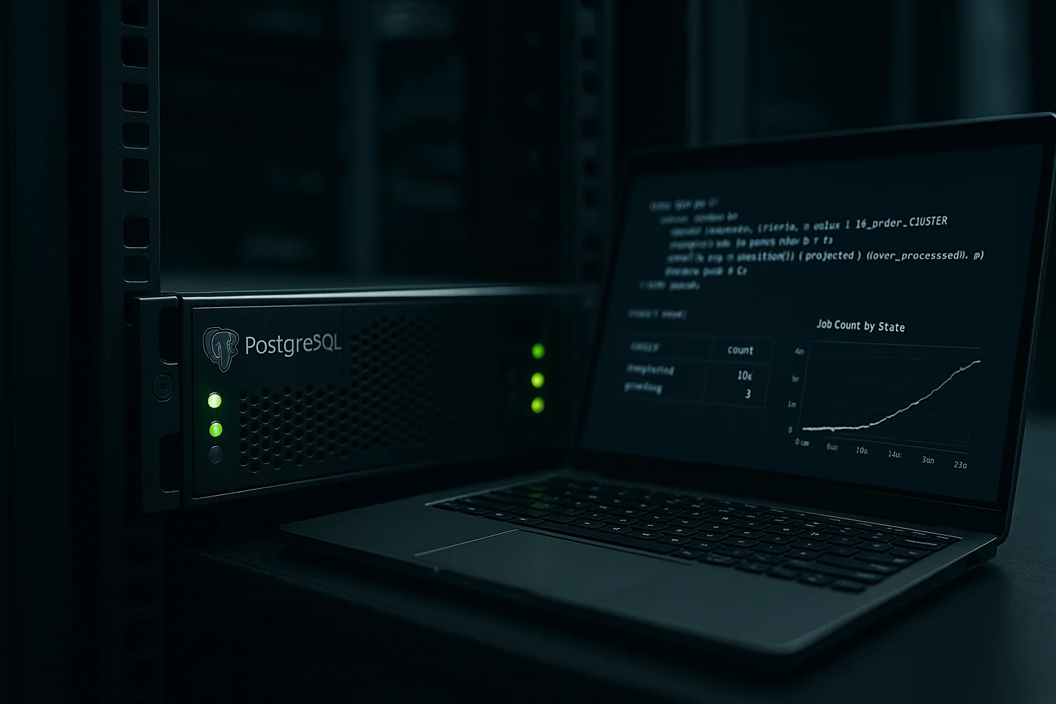 PostgreSQL server rack with a laptop showing SQL queries and job queue metrics in a modern data center