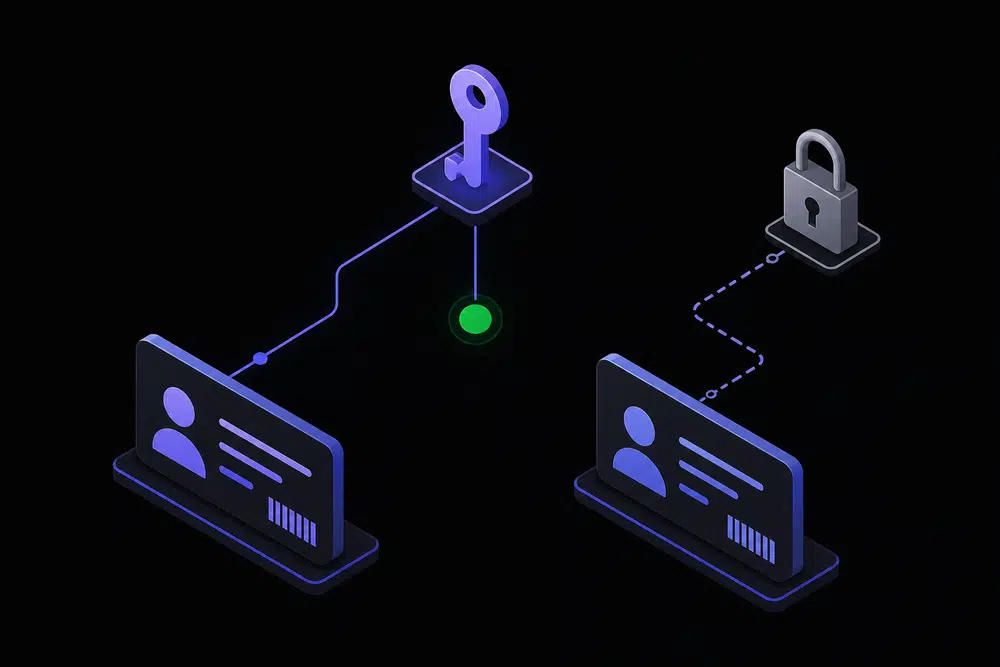 Flat isometric illustration on a near-black background: two abstract ID cards with barcode blocks, one connected by a glowing indigo line to a key and a green verified node, the other linked by a broken dashed line to a gray padlock.