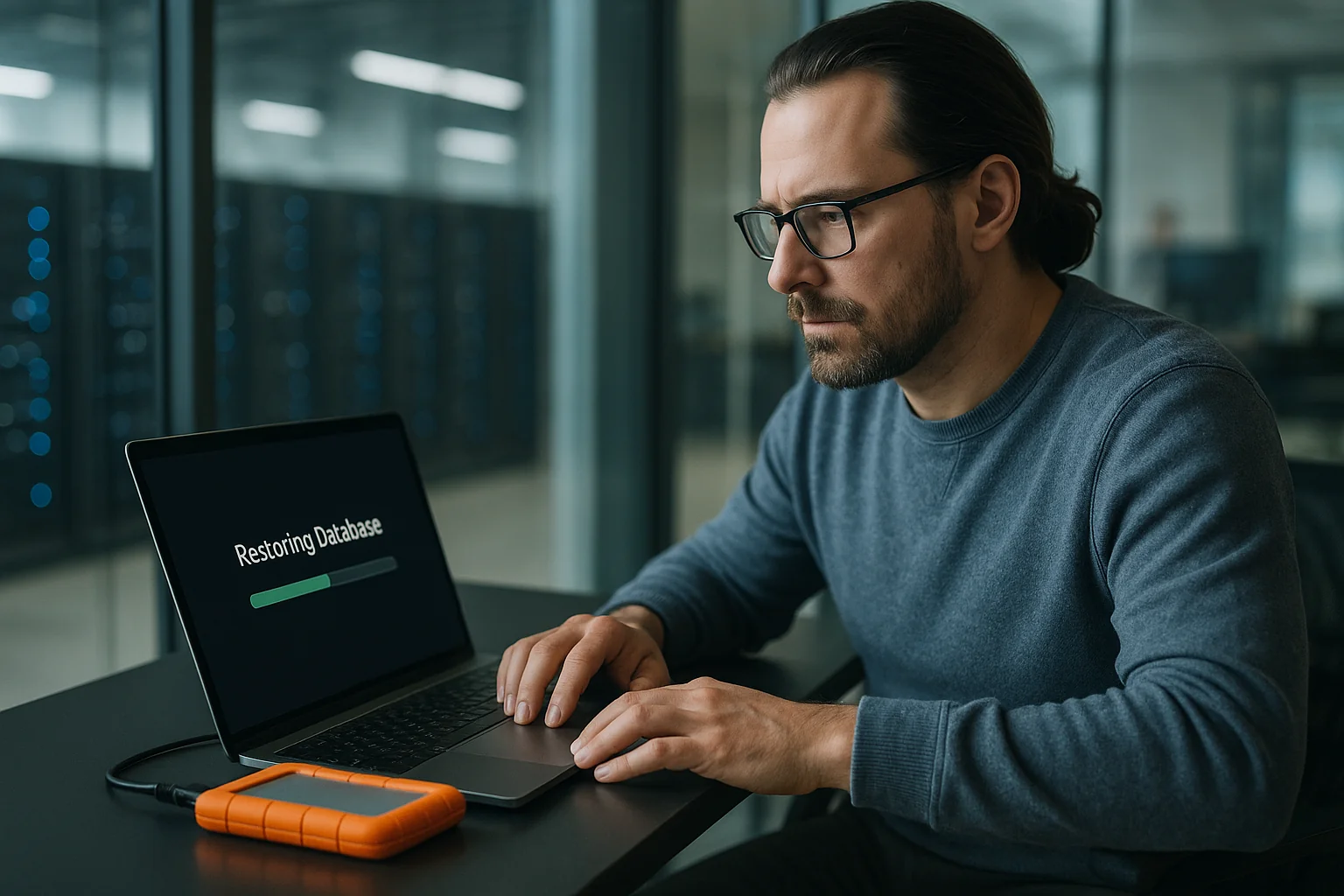 Engineer in a modern office restoring data from an external drive with server racks in the background.