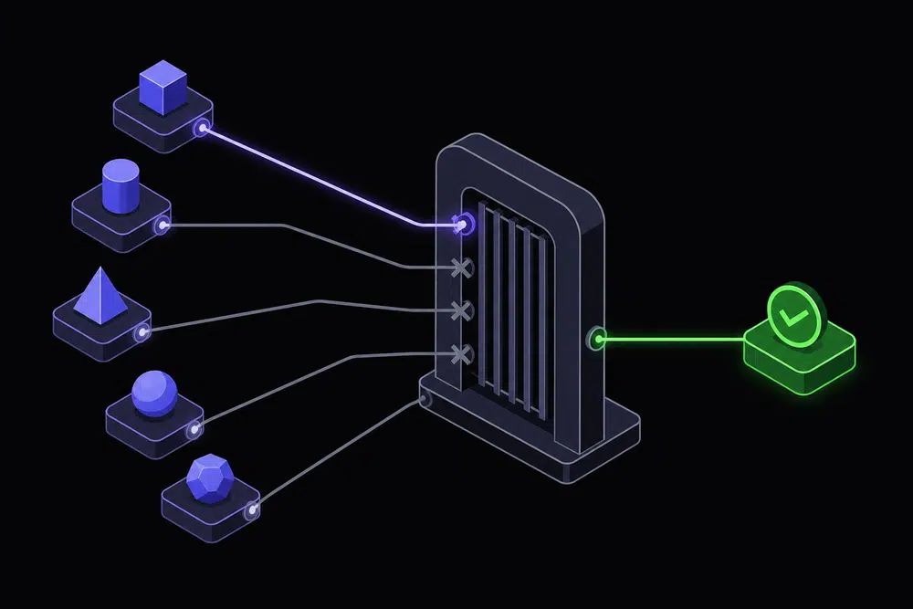 Flat isometric diagram of several indigo process nodes routing glowing request lines into one central budget gate, with a single green path passing through to success and other lines blocked.