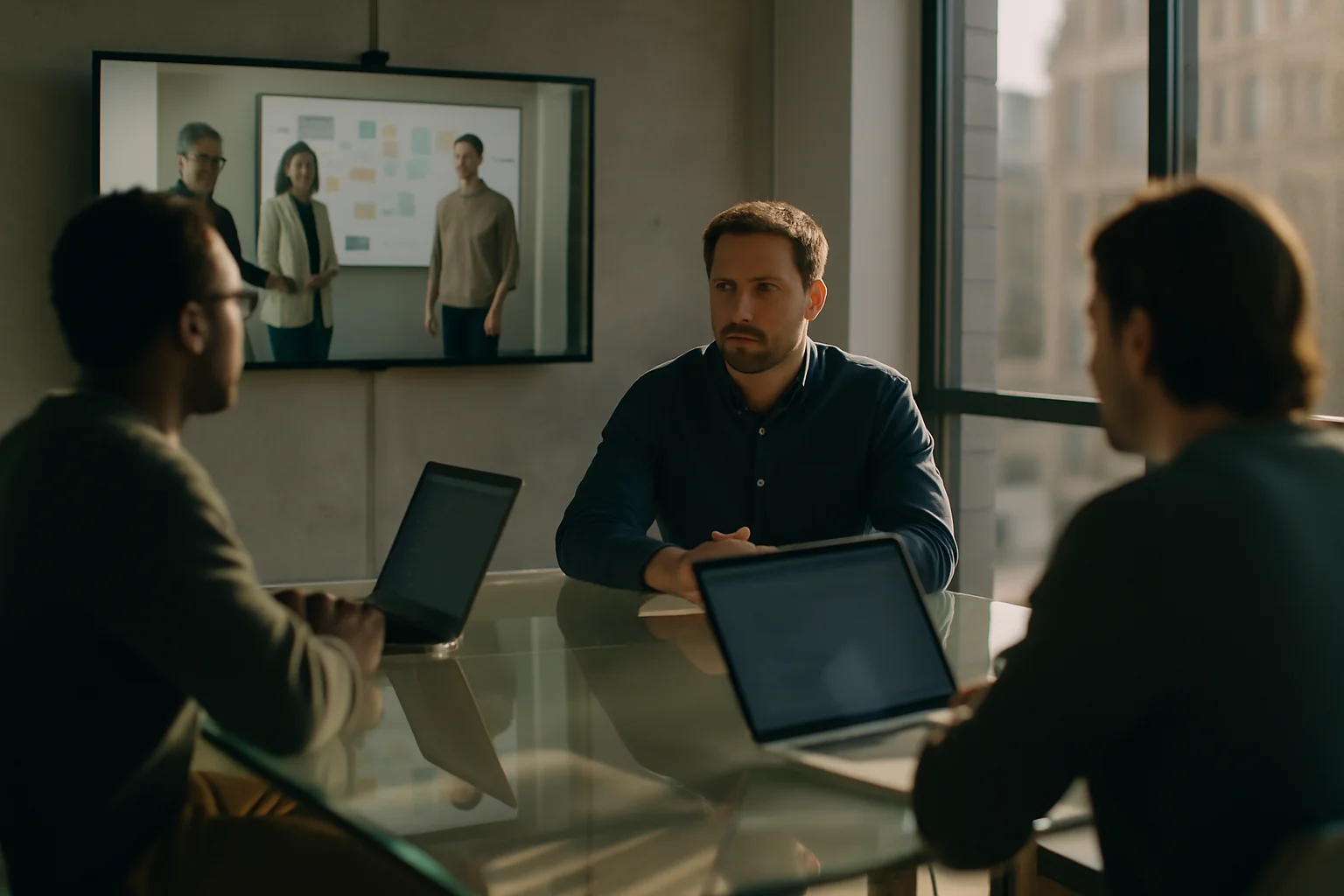 A product manager and two developers meet at a glass conference table in a bright office while a large screen shows a remote team on a video call presenting a project board; laptops and notebooks are on the table, with sunlight streaming in.