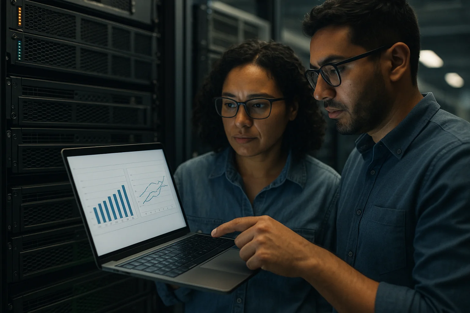 Engineers in a São Paulo data center reviewing AI inference benchmarks in front of mixed GPU servers