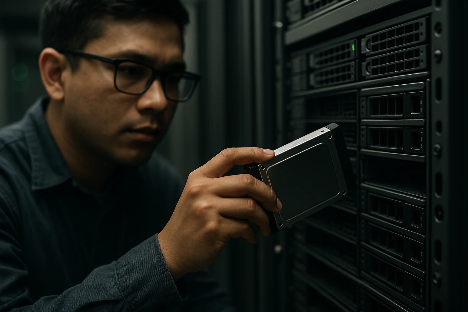 Technician in a data center rack carefully removing a 2.5-inch U.2 NVMe SSD for replacement.